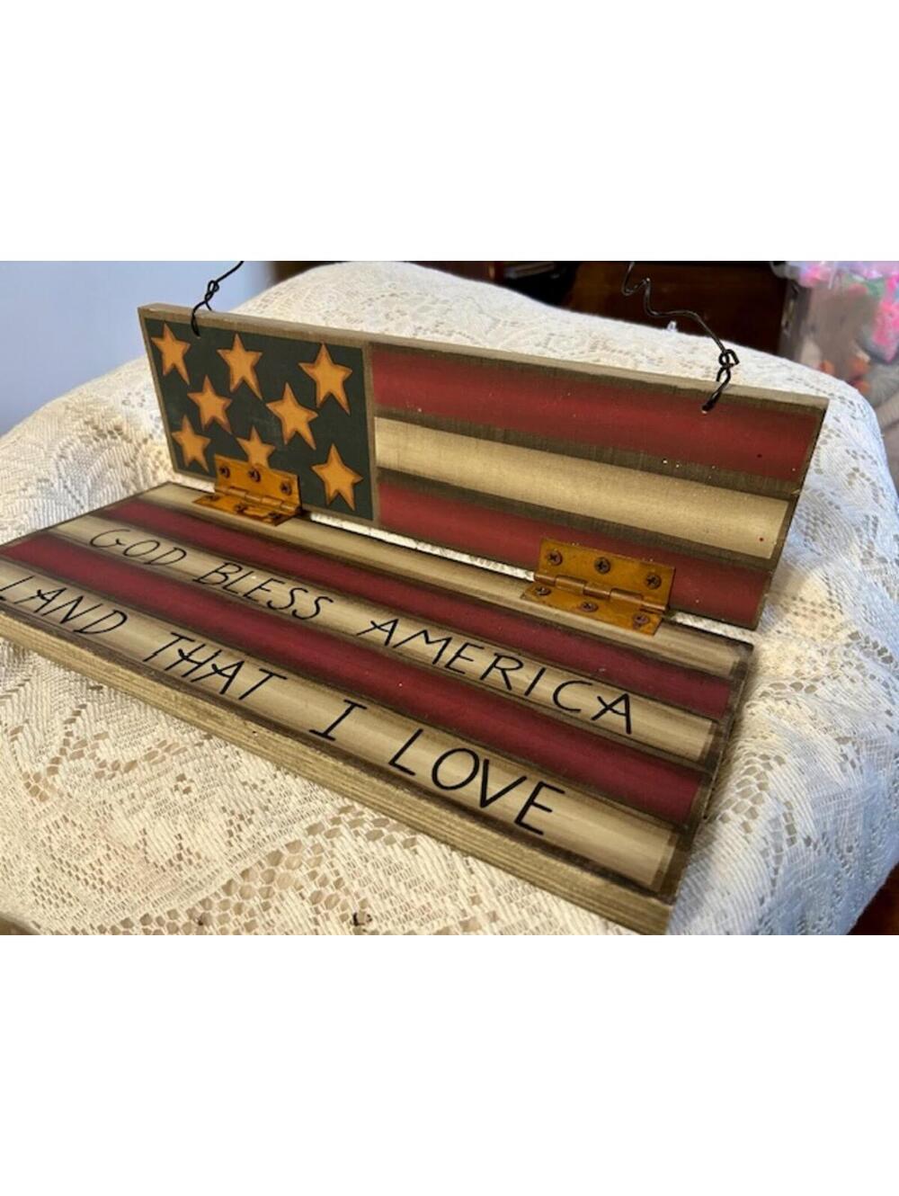 Vintage Wooden American Flag Wall Hanging with Hinged Design